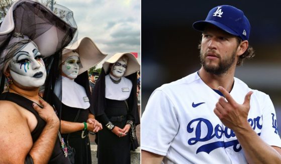 At left, the Sisters of Perpetual Indulgence make an appearance at a gay "pride" parade in West Hollywood, California, on June 12, 2016. At right, Los Angeles Dodgers pitcher Clayton Kershaw gestures toward his teammate during a game against the Minnesota Twins at Dodger Stadium on May 16.