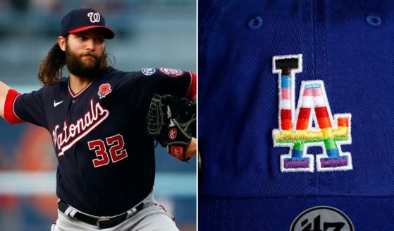 Trevor Williams of the Washington Nationals pitches against the Los Angeles Dodgers in the first inning of a game at Dodger Stadium on Monday in Los Angeles. A "Pride"-themed Dodgers hat is seen at Dodger Stadium on June 3, 2022.