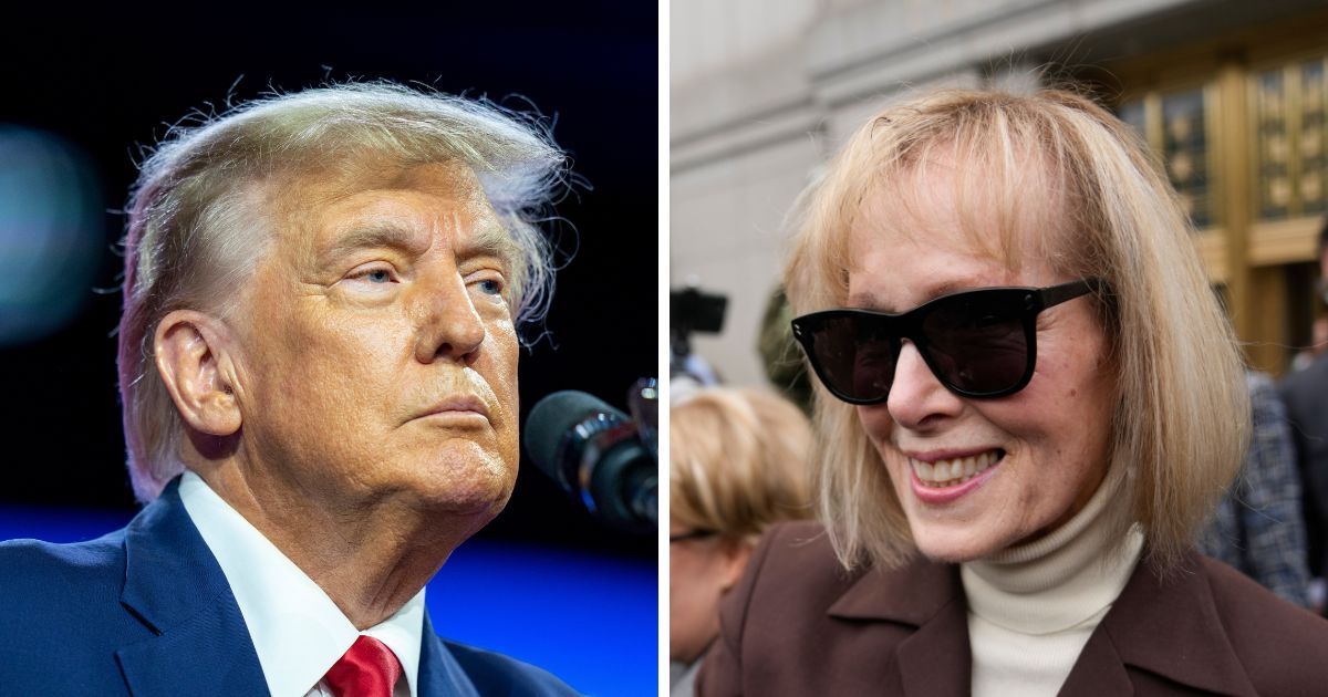 Right: Former President Donald Trump speaks at the Conservative Political Action Conference, CPAC 2023, Saturday, March 4, 2023, at National Harbor in Oxon Hill, Maryland. (Seth Wenig / Associated Press) Left:E. Jean Carroll walks out of federal court May 9, 2023, in New York. (Seth Wenig / Associated Press)