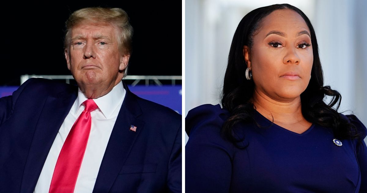 Right: Former President Donald Trump arrives at a rally, Aug. 5, 2022, in Waukesha, Wisconsin. (Morry Gash / Associated Press) Left: Fulton County District Attorney Fani Willis poses for a portrait, Wednesday, April 19, 2023, in Atlanta, Georgia. (Brynn Anderson / Associated Press)
