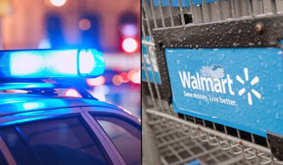 A police vehicle is seen in the stock image on the left. Shopping carts sit outside a Walmart store on Jan. 11, 2018, in Chicago.