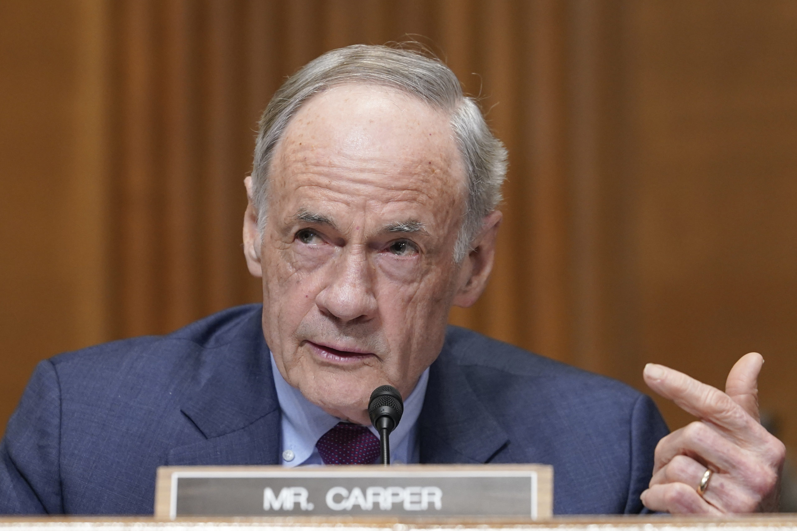 Sen. Tom Carper asks a question during the nomination of Daniel Werfel to be the Internal Revenue Service Commissioner on Capitol Hill in Washington, D.C., on Feb. 15.