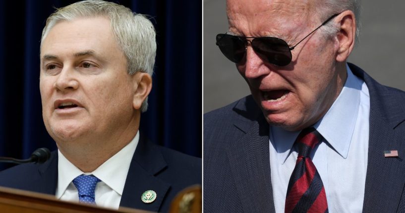 Rep. James Comer, left, announces Wednesday that the FBI has confirmed the existence of a document that alleges then-Vice President Joe Biden was involved in a bribery scheme.