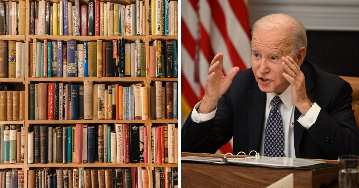 President Joe Biden (R) discusses the Investing in America agenda in the Roosevelt Room of the White House in Washington, DC, on May 5, 2023. A stock image of a bookshelf is on the left.