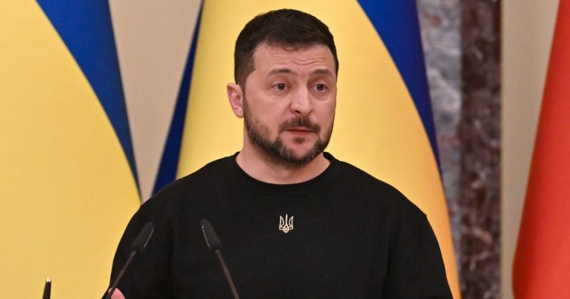 President of Ukraine Volodymyr Zelensky speaks during a joint press conference with President of the Czech Republic Petr Pavel (not pictured) and President of Slovakia Zuzana Caputova (not pictured) following their meeting in Kyiv, on April 28, 2023.