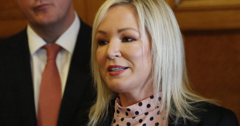 Sinn Fein deputy leader Michelle O'Neill speaks to the media at Parliament Buildings, Stormont, Belfast, on May 9, 2022.