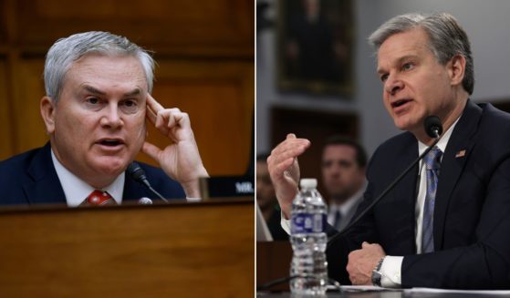 House Committee on Oversight and Accountability Chairman James Comer, left, announces they will plan to move forward with holding FBI Director Christopher Wray in contempt of Congress for not providing information regarding the alleged crime scheme involving then-Vice President Joe Biden.