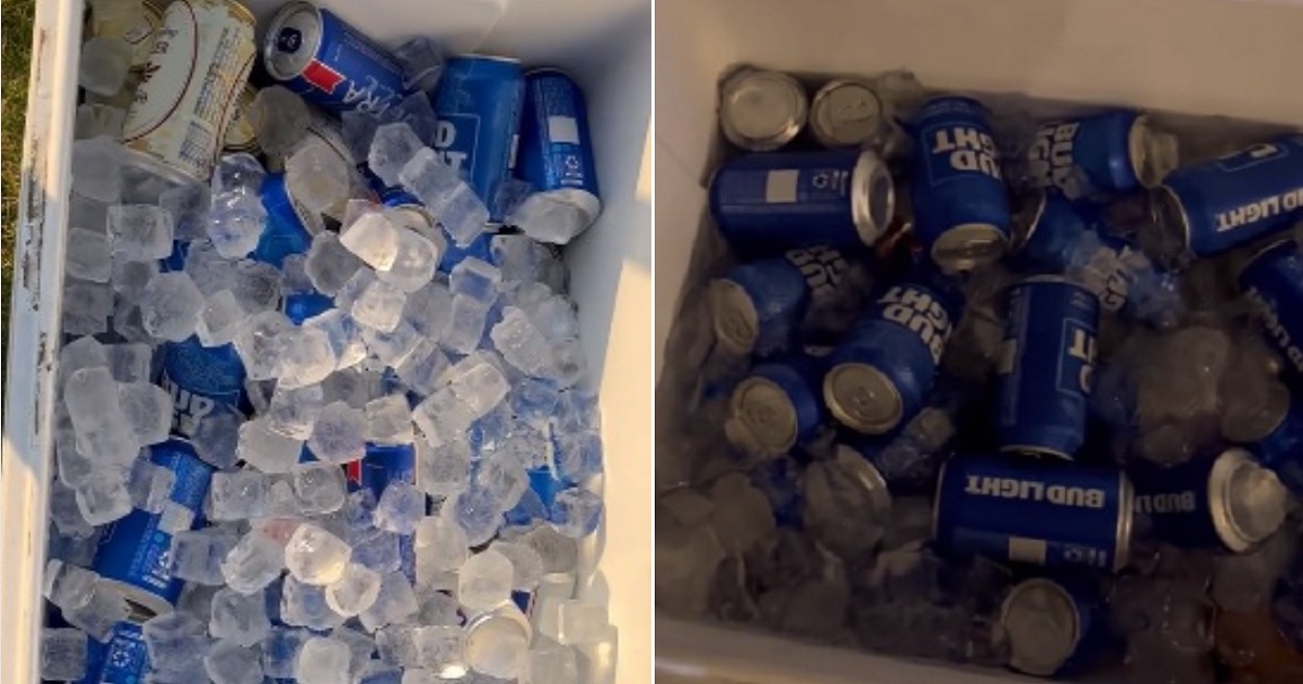 A cooler full of different kinds of beer, left; right, the same cooler with only Bud Light cans left.