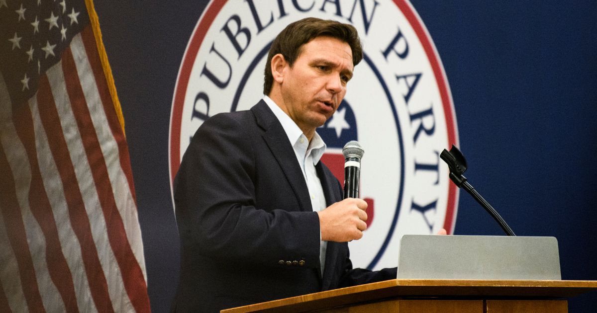 Florida Gov. Ron DeSantis speaks during an Iowa GOP reception on May 13 in Cedar Rapids, Iowa.