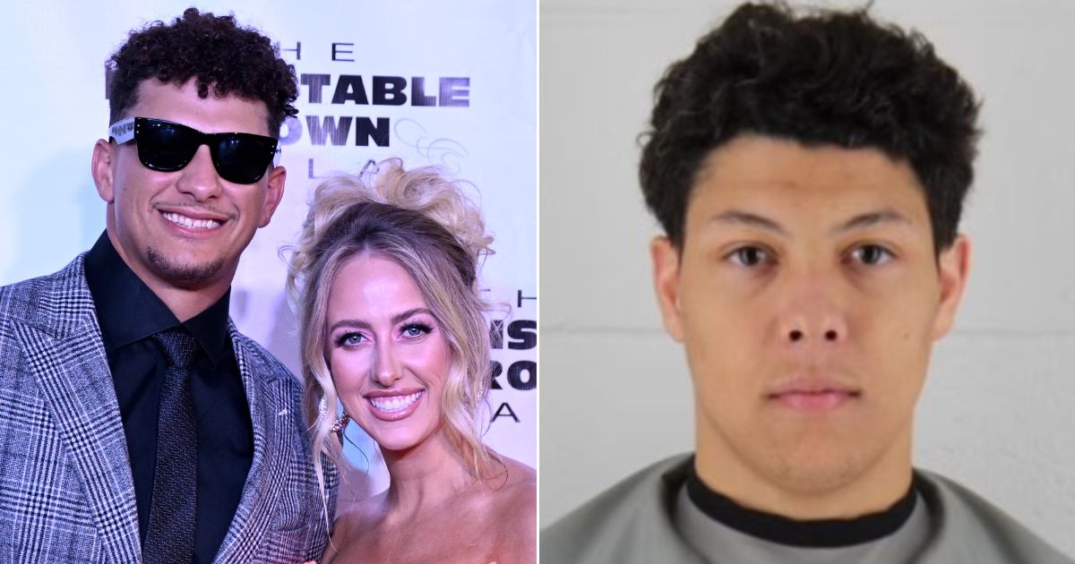On the left, Brittany Mahomes and Patrick Mahomes attend the 149th Kentucky Derby Barnstable Brown Gala at Barnstable-Brown Mansion on May 5 in Louisville. On the right, Jackson Mahomes, the brother of Patrick, can be seen in his mugshot.