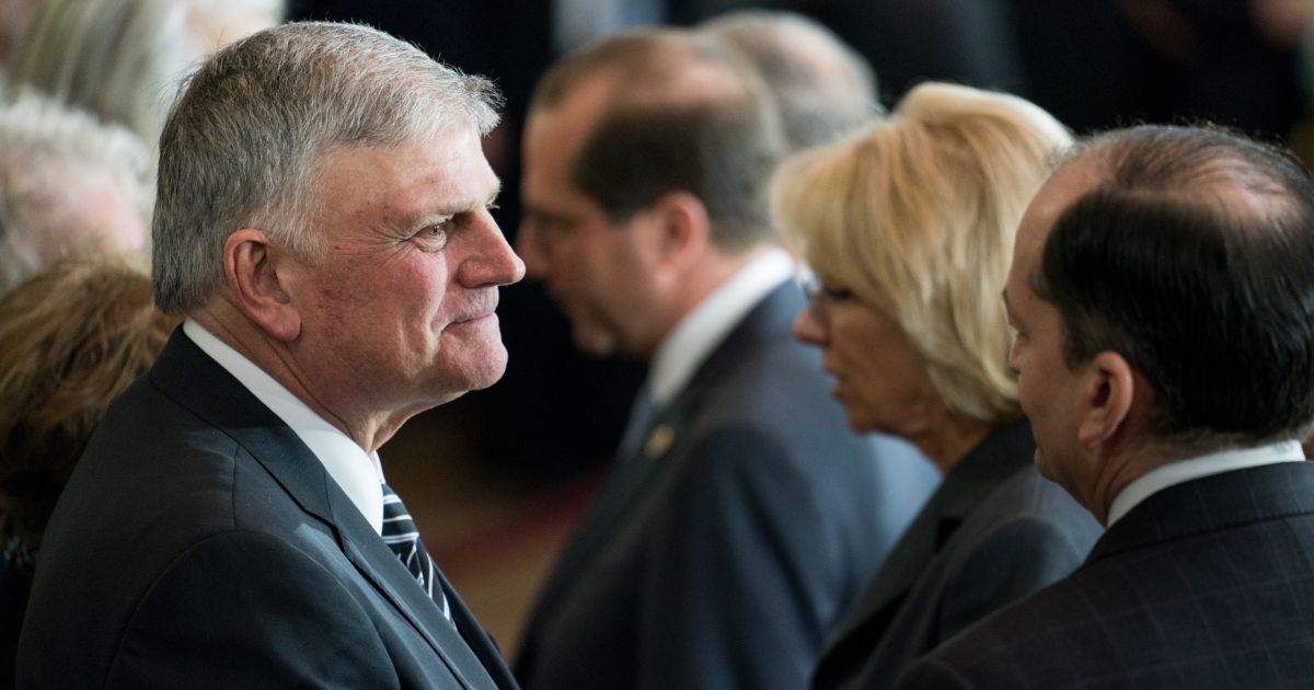 Franklin Graham, the son of the late Reverend Billy Graham, greets guests as the body of Reverend Billy Graham lies in repose after a ceremony at the U.S. Capitol, on Feb. 28, 2018, in Washington, D.C.
