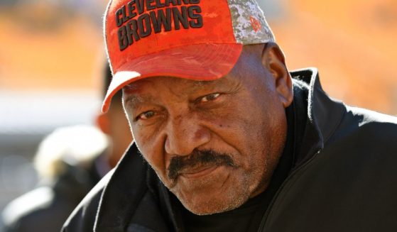 Jim Brown, former running back for the Cleveland Browns and a member of the Pro Football Hall of Fame, looks on from the sideline before a National Football League game between the Cleveland Browns and Pittsburgh Steelers at Heinz Field on November 15, 2015 in Pittsburgh.