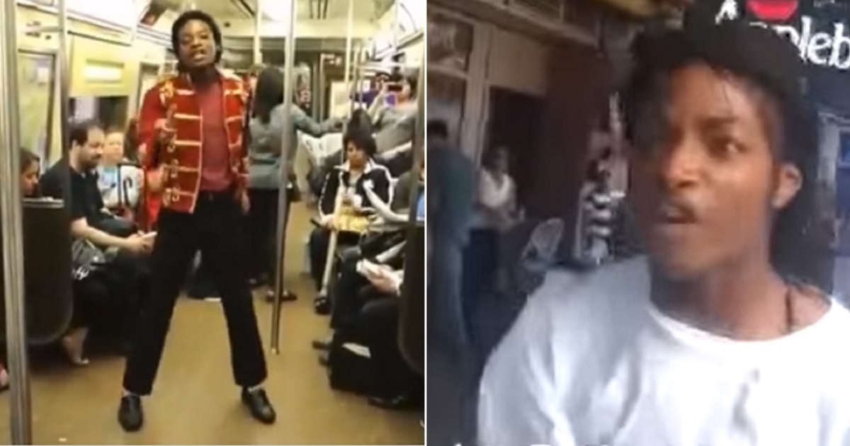 Jordan Neely as Michael Jackson impersonator on a subway, left; Neely in a street dispute, right.