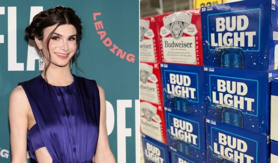 Transgender influencer Dylan Mulvaney, left; stacks of Bud Light and Buweiser beer, right.