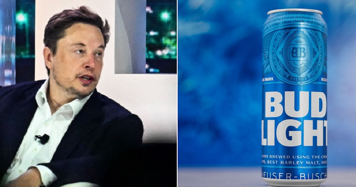 Twitter owner Elon Musk, left; can of Bud Light, right.