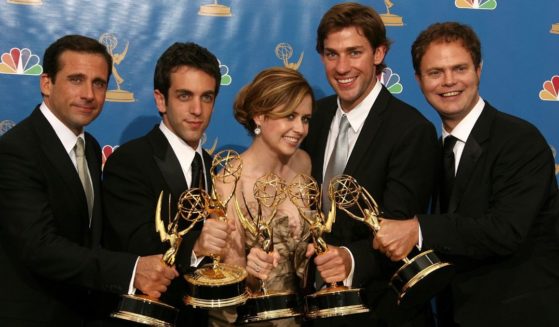 Actor Steve Carell, actor B.J. Novak, actress Jenna Fischer, actor John Krasinski and actor Rainn Wilson pose in the press room after winning "Outstanding Comedy Series" for "The Office " at the 58th Annual Primetime Emmy Awards at the Shrine Auditorium on Aug. 27, 2006, in Los Angeles.