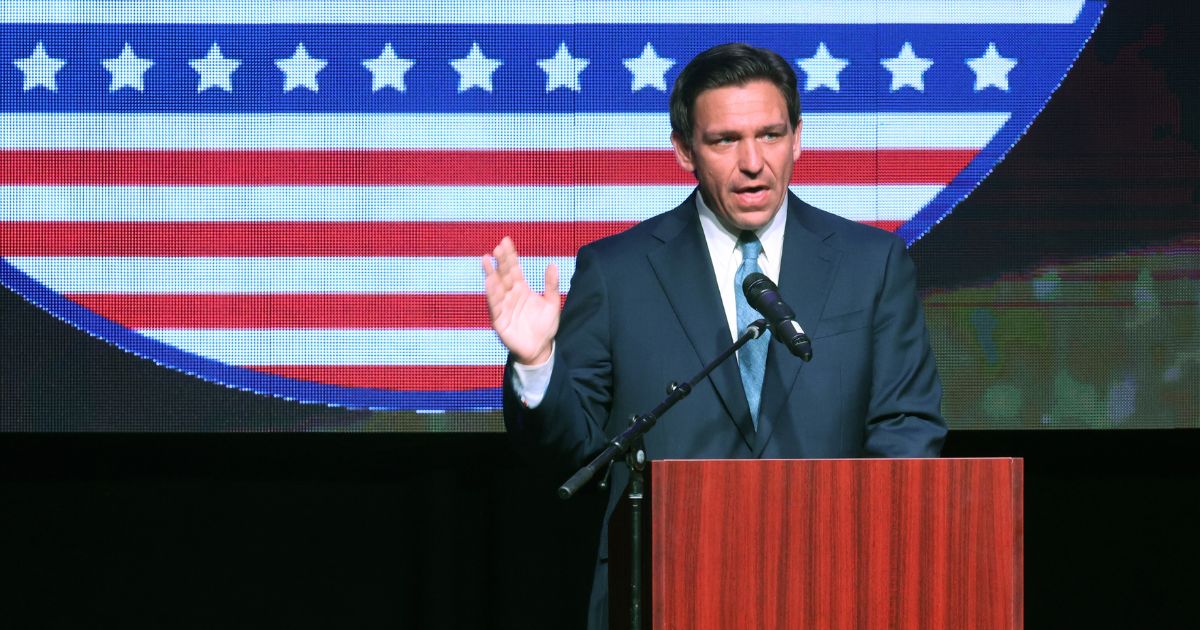 Florida Governor Ron DeSantis speaks to guests at the Republican Party of Marathon County Lincoln Day Dinner annual fundraiser on May 6 in Rothschild, Wisconsin.