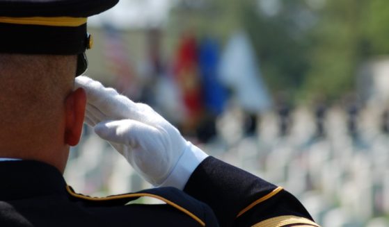 A service member salutes in this stock image.