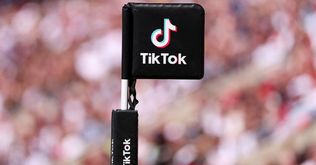 A general view of a TikTok corner flag during the TikTok Women's Six Nations match between England and France at Twickenham Stadium on April 29, 2023 in London.