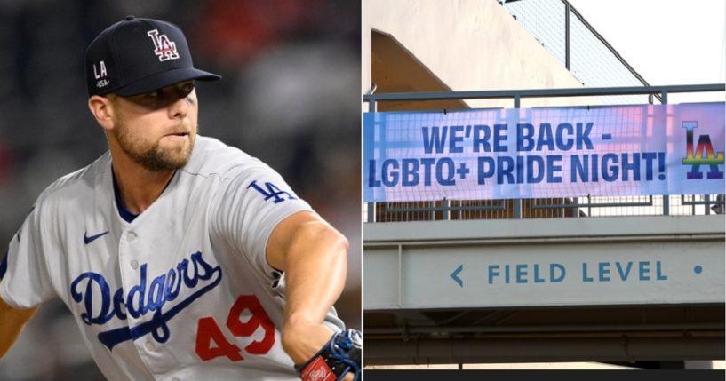Los Angeles Dodgers relief pitcher Blake Treinen, left; scene from Dodgers Stadium during "Pride Night" in 2021, right.