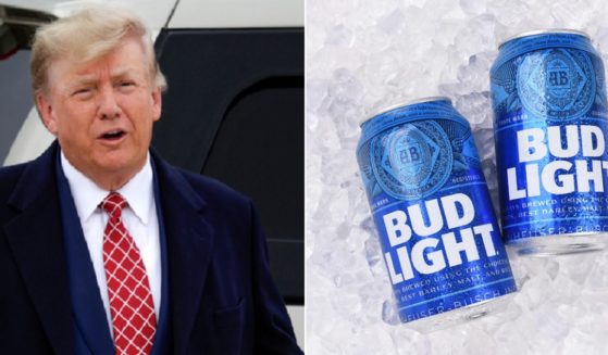 Former President Donald Trump, left; two cans of Bud Light on ice, right.