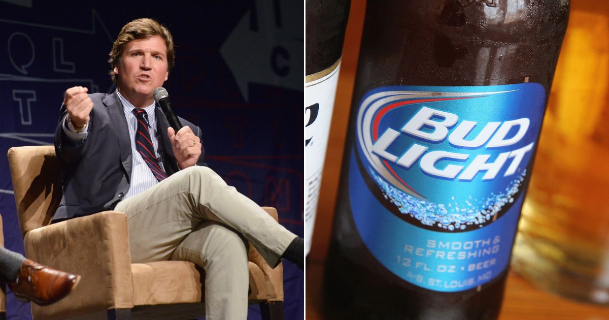 On the left, political commentator Tucker Carlson speaks during Politicon 2018 at Los Angeles Convention Center on Oct. 21, 2018, in Los Angeles, and to the right is a bottle of Bud Light.