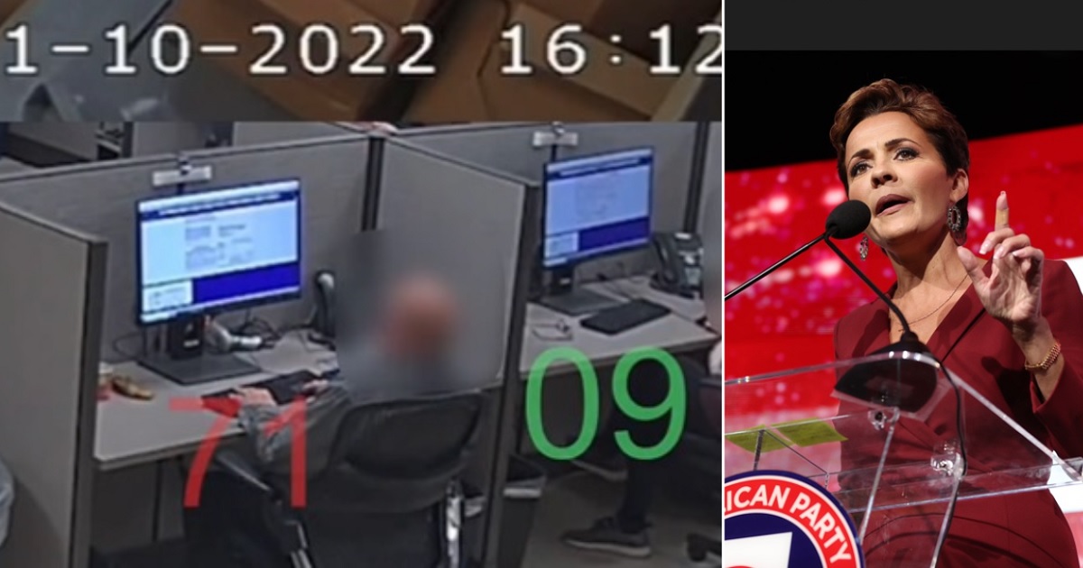 Left: A screen shot of a video that appears to show signatures on mail-in ballots being verified without even a cursory glance. Right: Arizona Republican Kari Lake in a file photo from Election Night in Arizona.