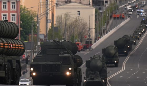 Russian military hardware move along the Garden Ring road heading to Red Square for the Victory Day military parade rehearsal in central Moscow on May 4, 2023.