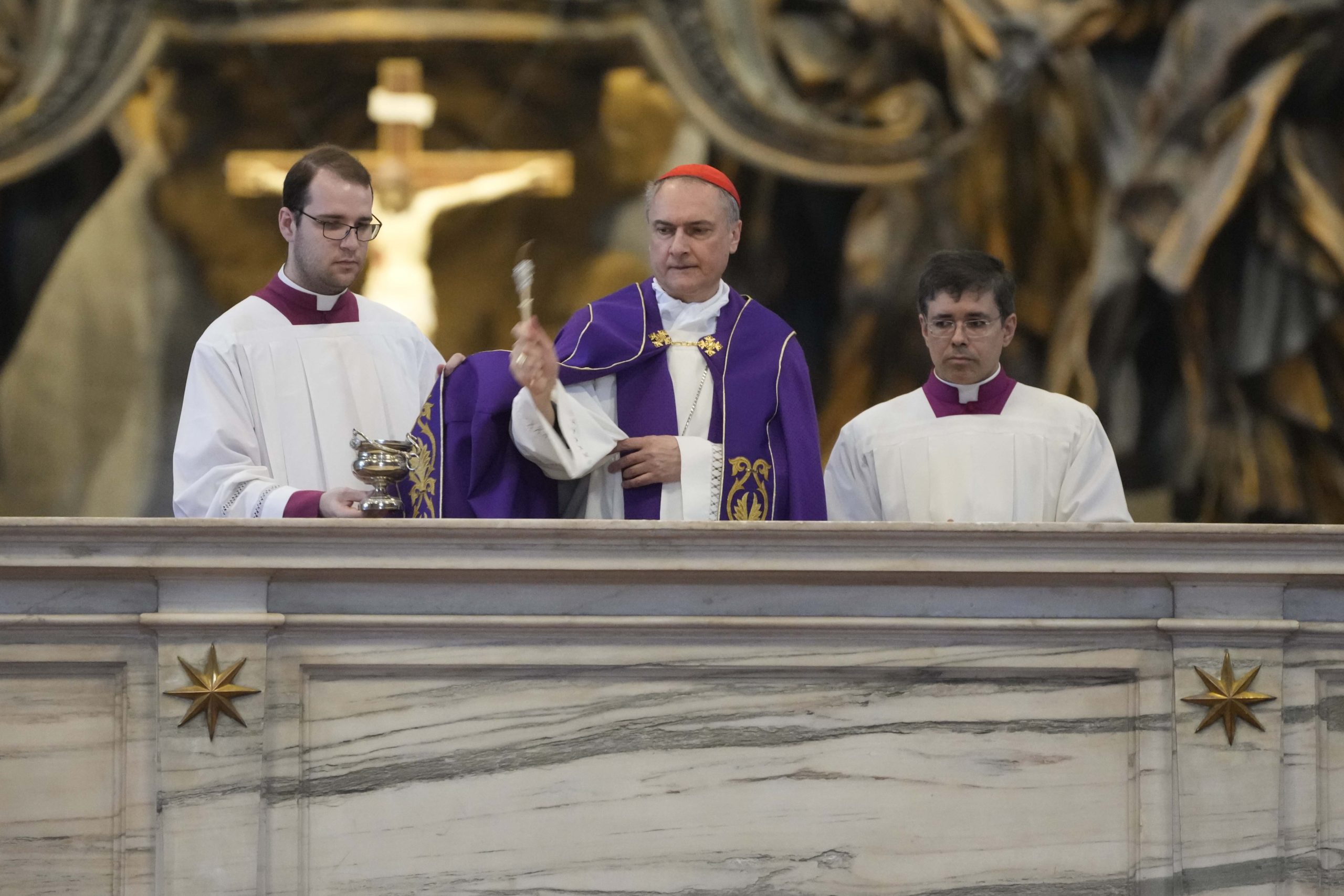 Cardinal performs rite at vandalized altar in St. Peter’s Basilica after nude protest.