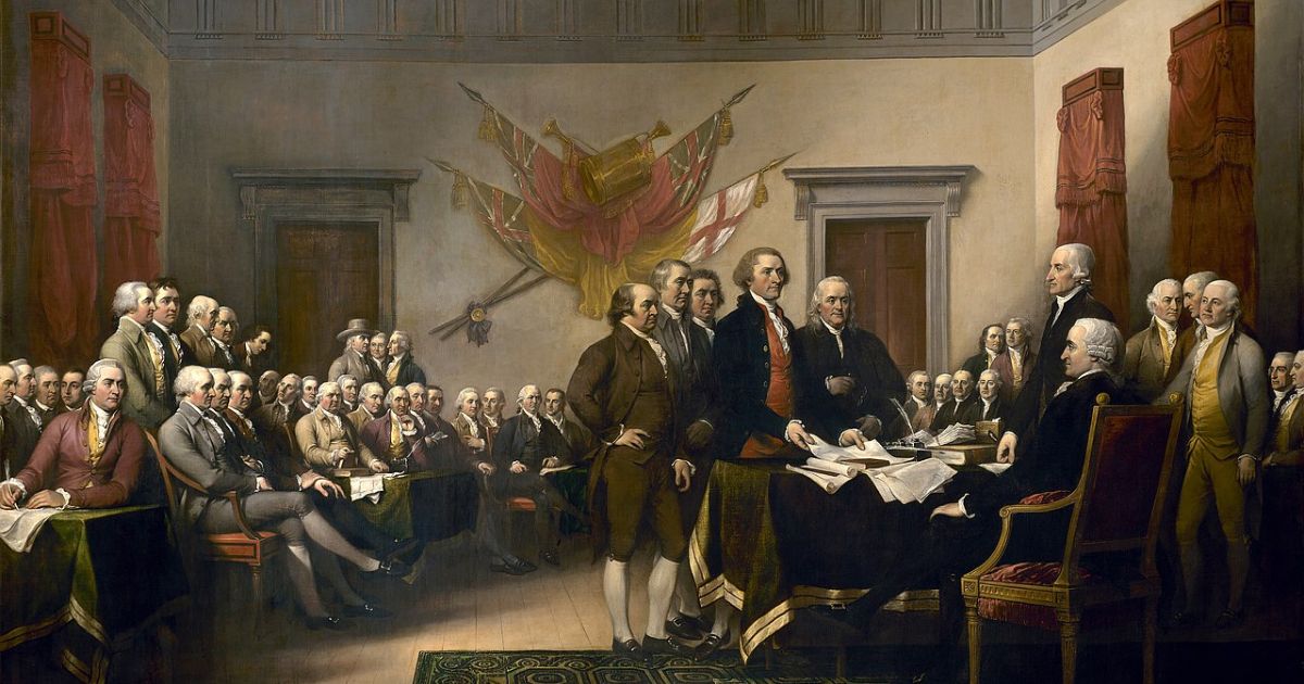 John Trumbull's painting, Declaration of Independence, depicting the five-man drafting committee of the Declaration of Independence presenting their work to Congress.