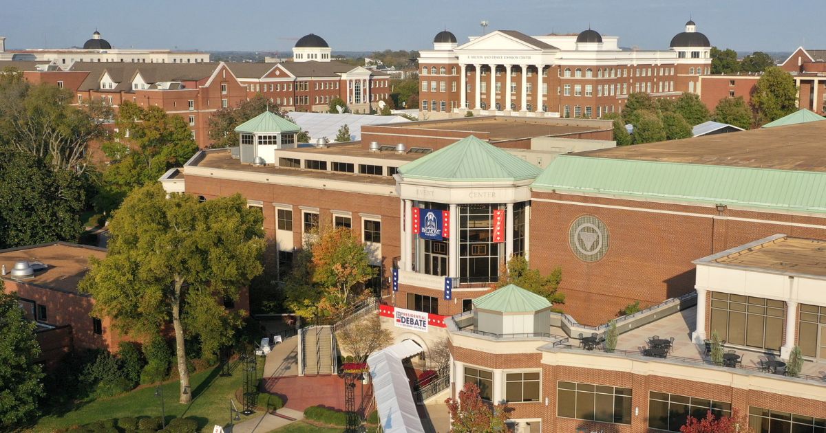 An aerial drone view shows the Curb Event Center on the Belmont University campus in Nashville, Tennessee, on Oct. 20, 2020.