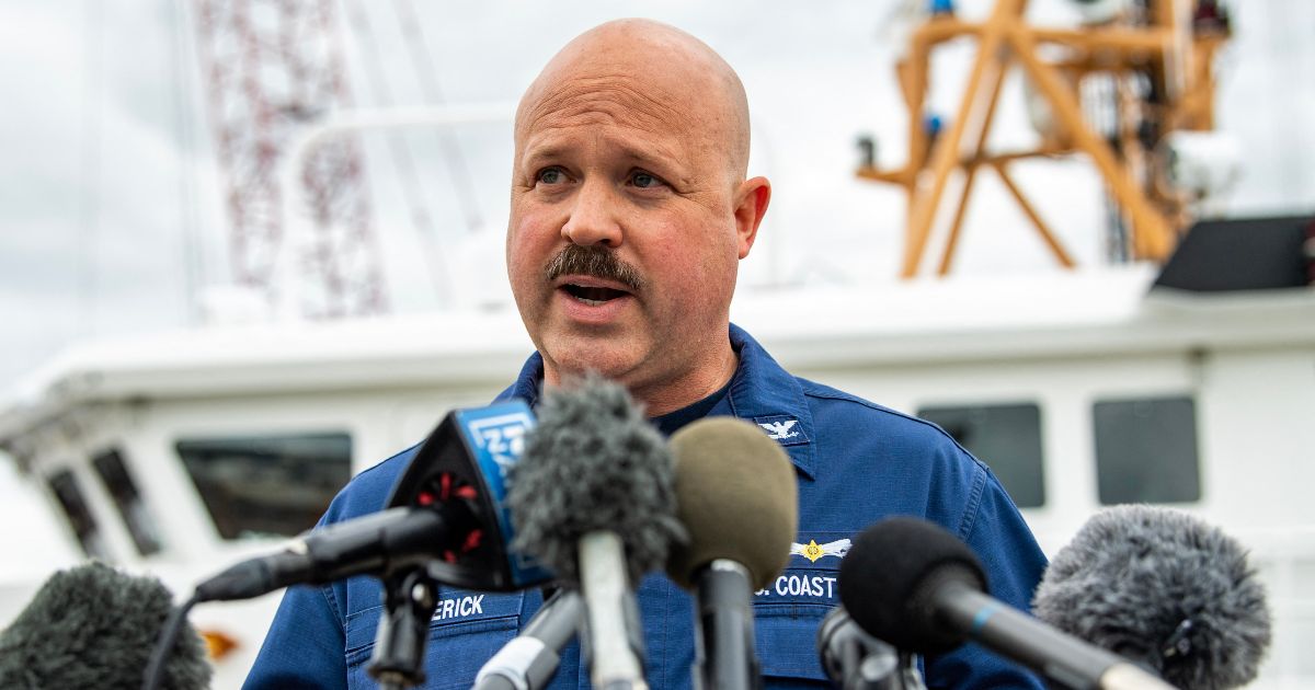 Coast Guard Capt. Jamie Frederick speaks during a news conference about the search efforts for the OceanGate submersible that went missing near the wreck of the Titanic, at Coast Guard Base in Boston on Tuesday.