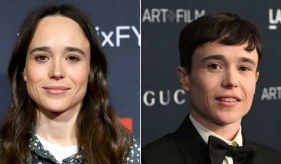 Actress Ellen Page, left, as she appeared at a screening event for Netflix's "Umbrella Academy" in 2019, and right, after declaring herself a male.