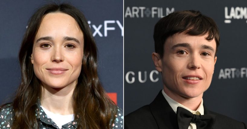 Actress Ellen Page, left, as she appeared at a screening event for Netflix's "Umbrella Academy" in 2019, and right, after declaring herself a male.
