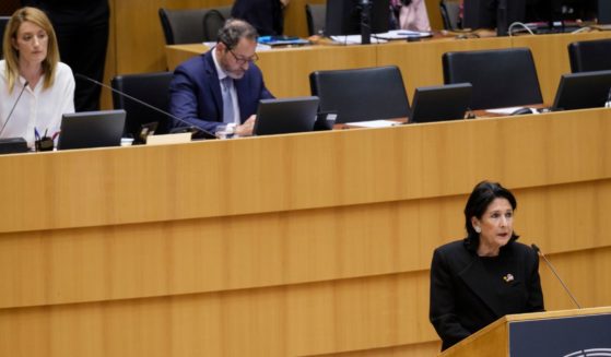 President of Georgia Salome Zourabichvili gives a statement to the European Union during a mini session in Brussels, Belgium, on May 31.