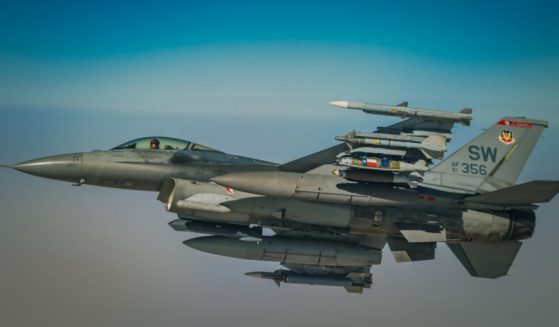 An Air Force F-16 Fighting Falcon aircraft flies over the U.S. Air Force Central Command area of responsibility during a mission supporting Combined Joint Task Force-Operation Inherent Resolve on March 30, 2021.