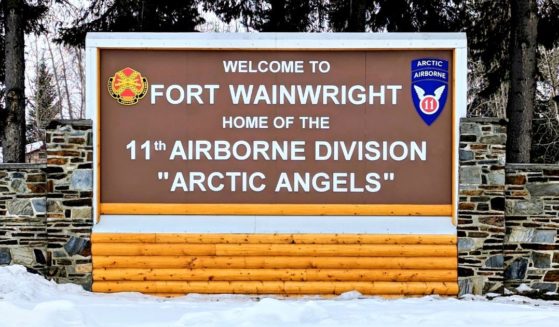 A recently installed sign is seen at the main entry point to U.S. Army Garrison Alaska Fort Wainwright in Fairbanks, Alaska, on April 5.