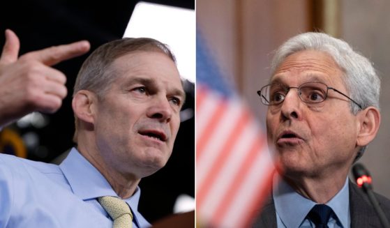 At left, House Judiciary Committee Chairman Jim Jordan speaks during a news conference at the U.S. Capitol in Washington on April 27. At right, U.S. Attorney General Merrick Garland speaks at the U.S. Department of Justice headquarters in Washington on April 17.