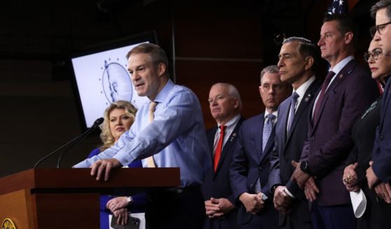 Rep. Jim Jordan, chairman of the House select subcommittee on the weaponization of the federal government,, speaks as other Republican lawmakers look during a news conference on FBI whistleblower testimony at the U.S. Capitol in Washington on May 18.