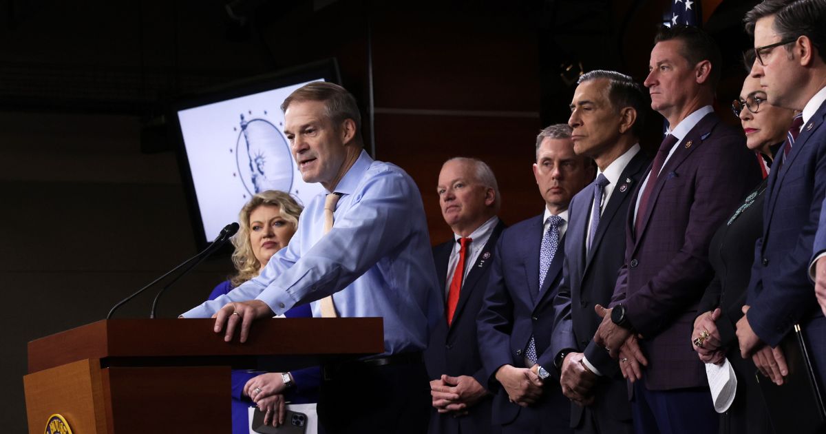 Rep. Jim Jordan, chairman of the House select subcommittee on the weaponization of the federal government,, speaks as other Republican lawmakers look during a news conference on FBI whistleblower testimony at the U.S. Capitol in Washington on May 18.
