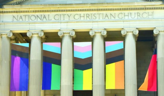 The front entrance of the National City Christian Church in Washington features an LGBT "pride" flag" on June 5, 2021.