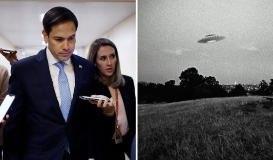 Sen. Marco Rubio is beset by reporters as he walks through the U.S. Capitol on Feb. 28 in Washington, D.C. A UFO hovers in the illustration on the right.