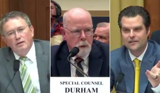 Kentucky GOP Rep. Thomas Massie, left, and Florida GOP Rep. Matt Gaetz, right, grilled John Durham on his failure to thoroughly investigate the Russia collusion hoax.