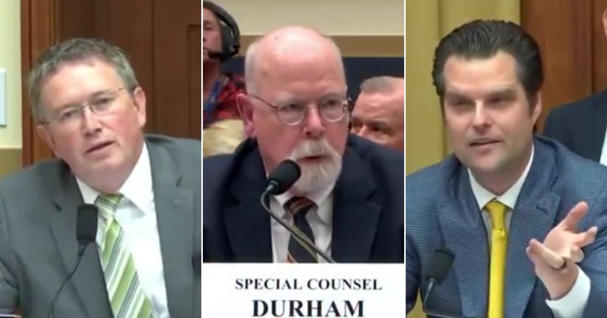 Kentucky GOP Rep. Thomas Massie, left, and Florida GOP Rep. Matt Gaetz, right, grilled John Durham on his failure to thoroughly investigate the Russia collusion hoax.