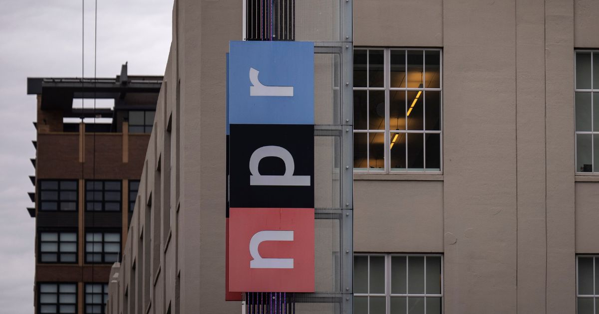 The NPR logo is seen at the National Public Radio headquarters on North Capitol Street in Washington on Feb. 22.