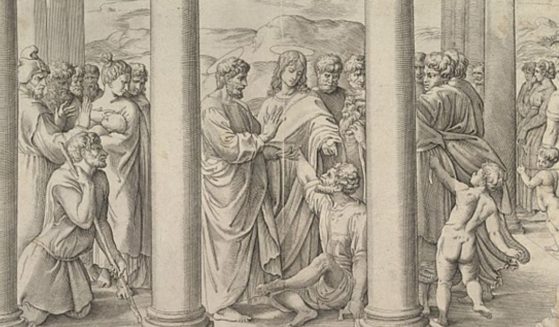 This illustration shows St. Peter and St. John healing a lame man at the entrance to the temple.
