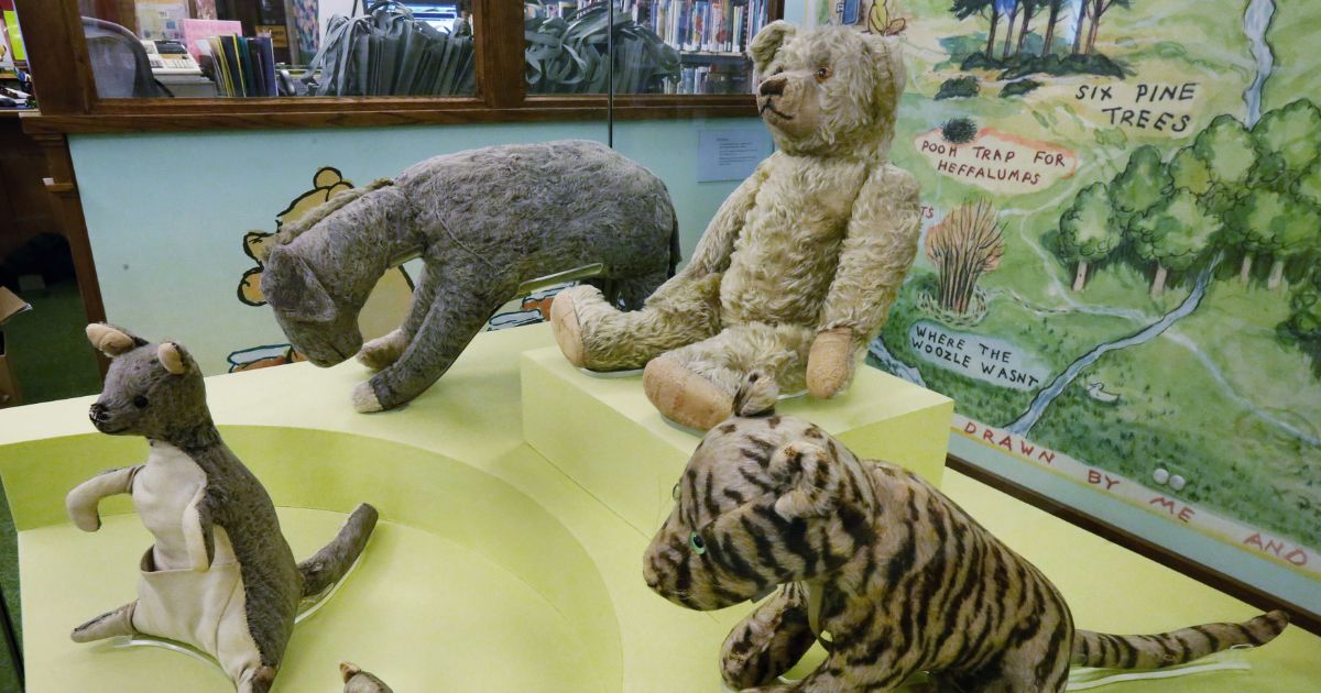 WInnie-the-Pooh story characters are displayed at the main branch of the New York Public Library in New York City on Aug. 3, 2016.