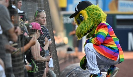 Chicago White Sox mascot Southpaw, dressed in rainbow colors for LGBT "pride night," meets with fans before a game against the Baltimore Orioles at Guaranteed Rate Field in Chicago on June 23, 2022.