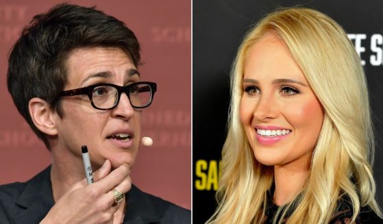 At left, MSNBC host Rachel Maddow speaks at the Harvard University John F. Kennedy Jr. Forum in Cambridge, Massachusetts, on Oct. 16, 2017. At right, conservative personality Tomi Lahren attends the premiere of the film "No Safe Spaces" at TCL Chinese Theatre in Hollywood, California, on Nov. 11, 2019.