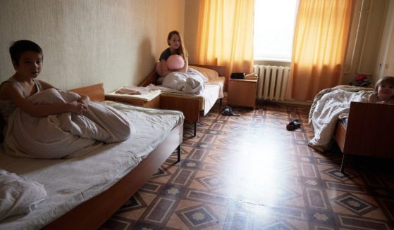 Refugee children from the Donetsk region of Ukraine stay at a temporary accommodation in Novocherkassk, Russia, on Feb. 25, 2022.
